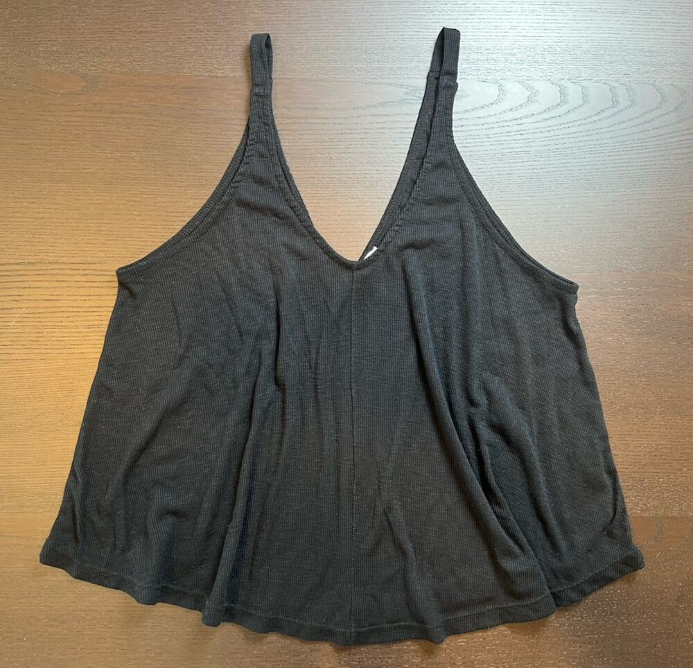 Intimately Free People Dani Tank Top Small Black Ribbed Swing Flowy V Neck Back